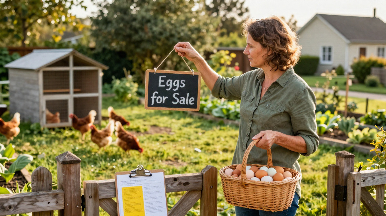 Mulher segura cesto de ovos e placa "Eggs for Sale" junto a galinheiro num jardim ensolarado.