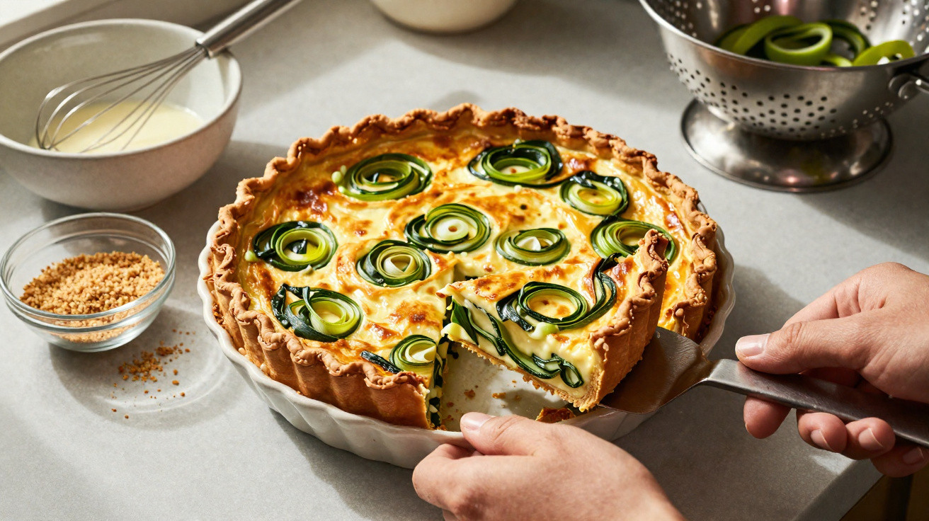 Pessoa a servir tarte salgada com decoração de rodelas de courgette num prato branco.