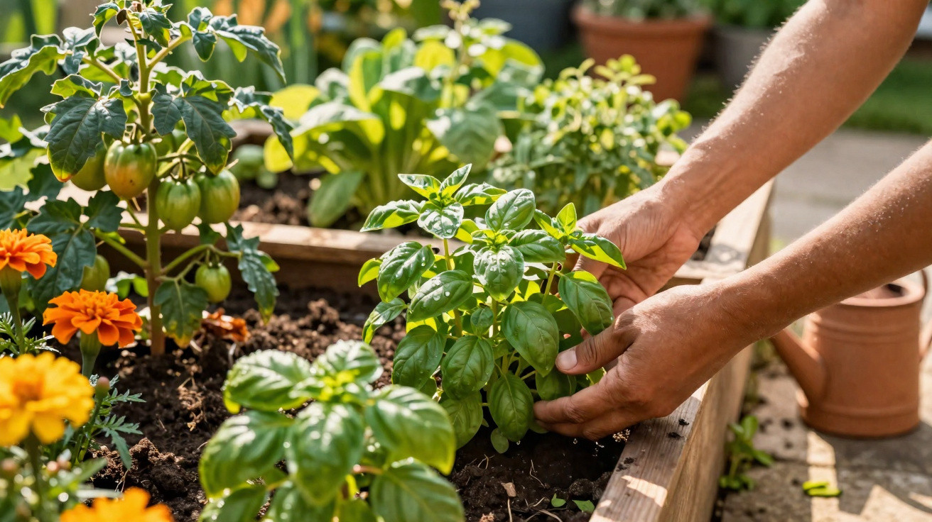 Mãos a cuidar de plantas num canteiro com flores e hortícolas num jardim ensolarado.