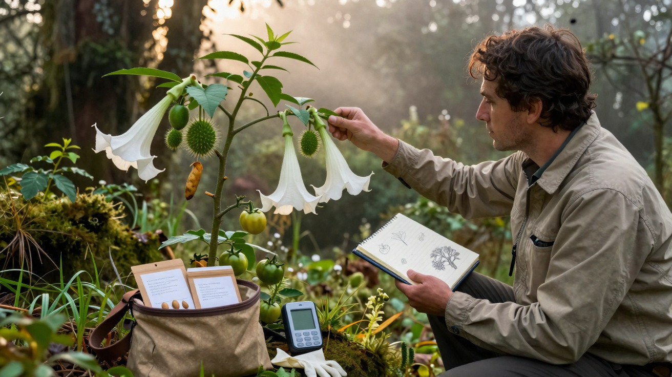 Homem examina planta branca com flores grandes em ambiente natural, com caderno de anotações e equipamentos de campo.