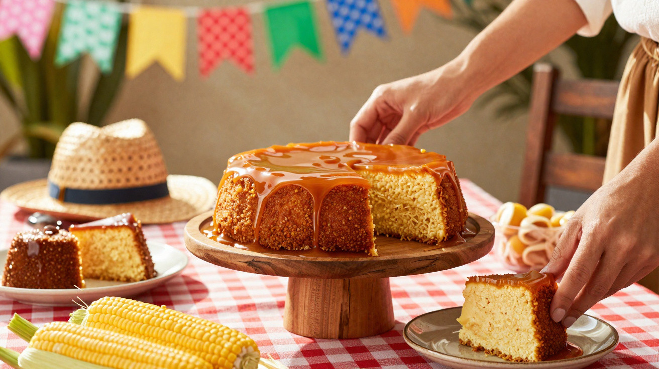 Bolo de milho com cobertura caramelizada em prato de madeira numa mesa com toalha xadrez e mãos a servir.