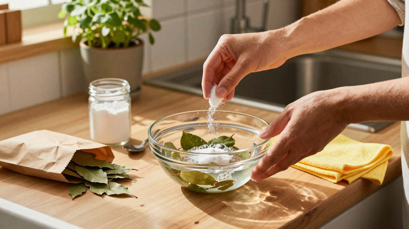 Mãos a preparar infusão com folhas de louro e sal numa taça de vidro numa cozinha iluminada.