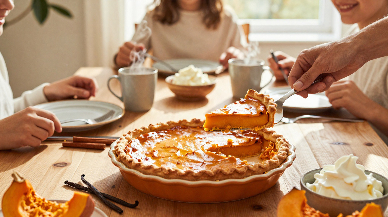 Tarte de abóbora sendo servida em mesa com pessoas, chá quente e chantilly, ambiente acolhedor e luminoso.