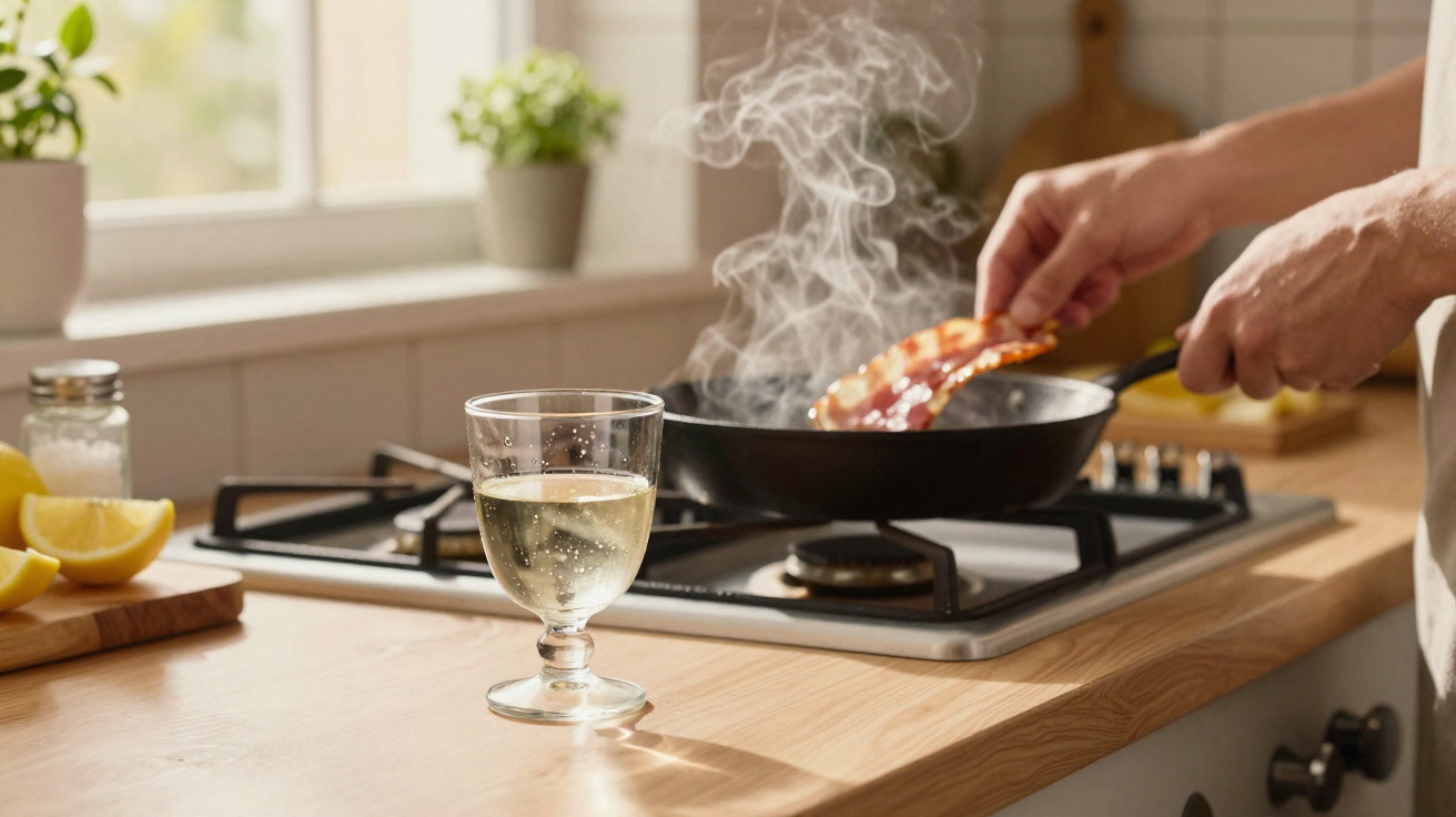 Mão a cozinhar bacon numa frigideira fumegante, copo de vinho branco numa bancada de cozinha.