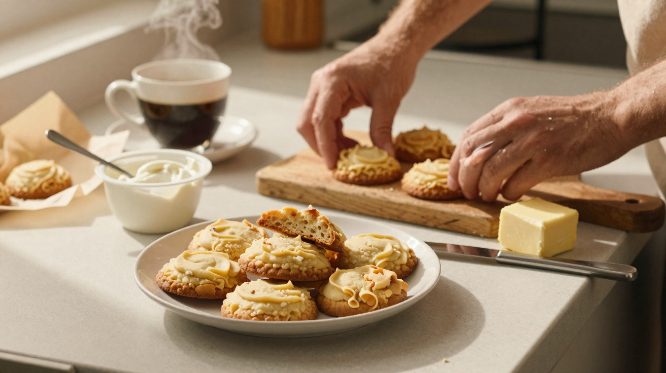 Biscoitos com cobertura de queijo em prato e tábua de madeira, manteiga, café e recipiente com creme.