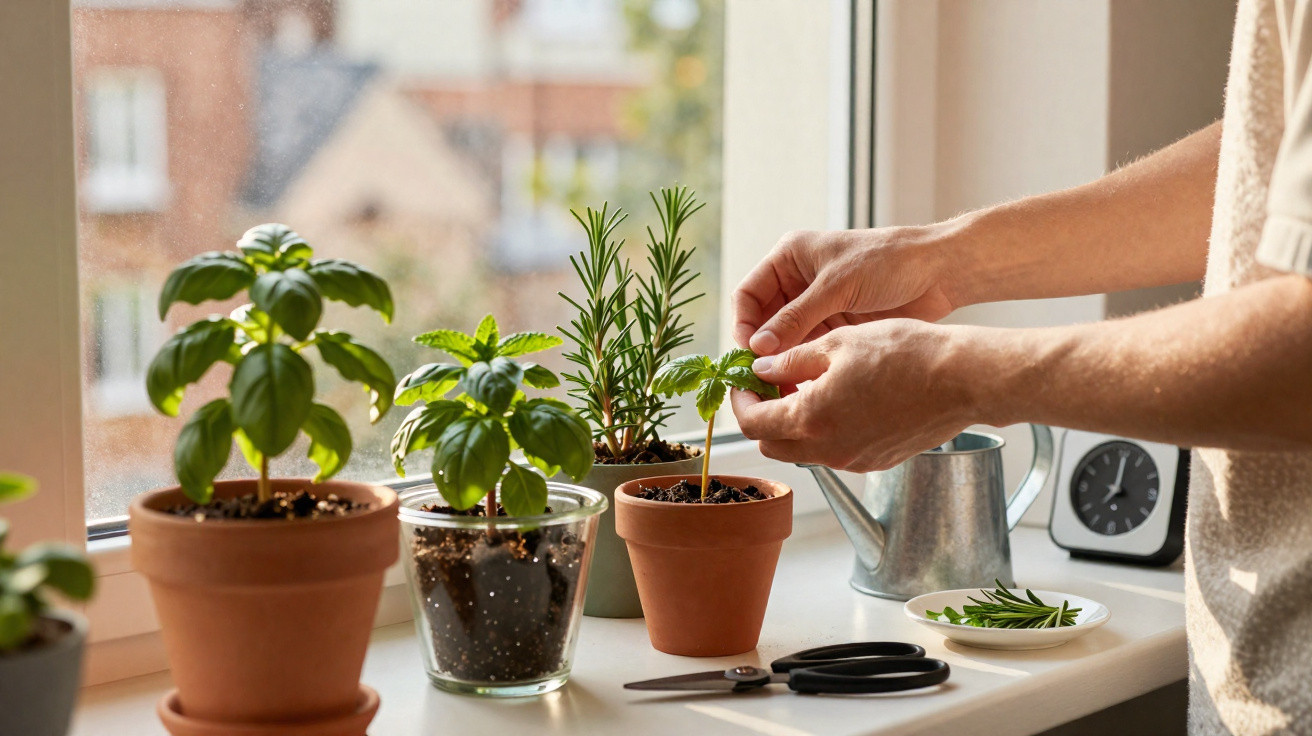 Mãos a cuidar de plantas aromáticas em vasos num parapeito de janela com utensílios de jardinagem.