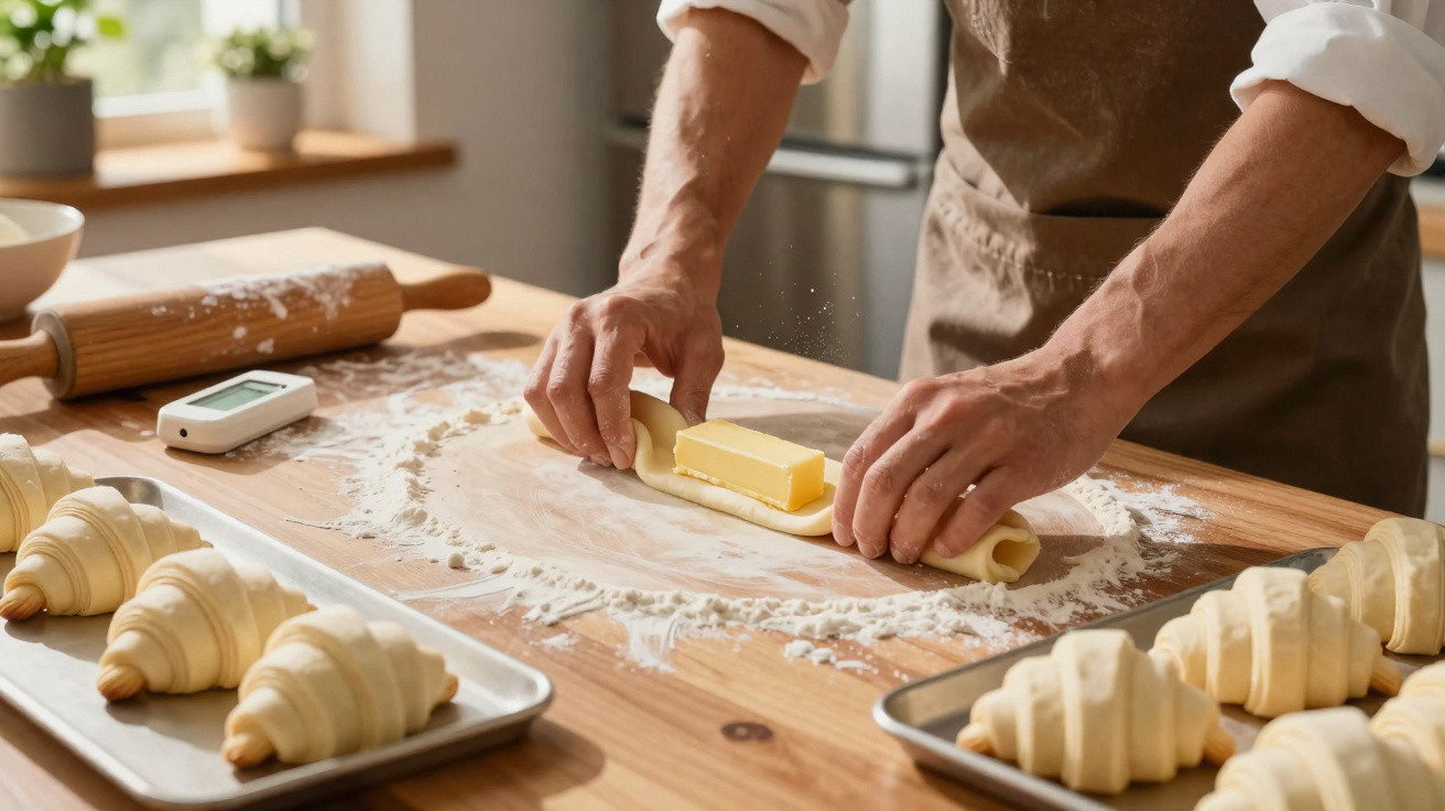 Pessoa enrola massa com manteiga para preparar croissants numa bancada de madeira polvilhada com farinha.