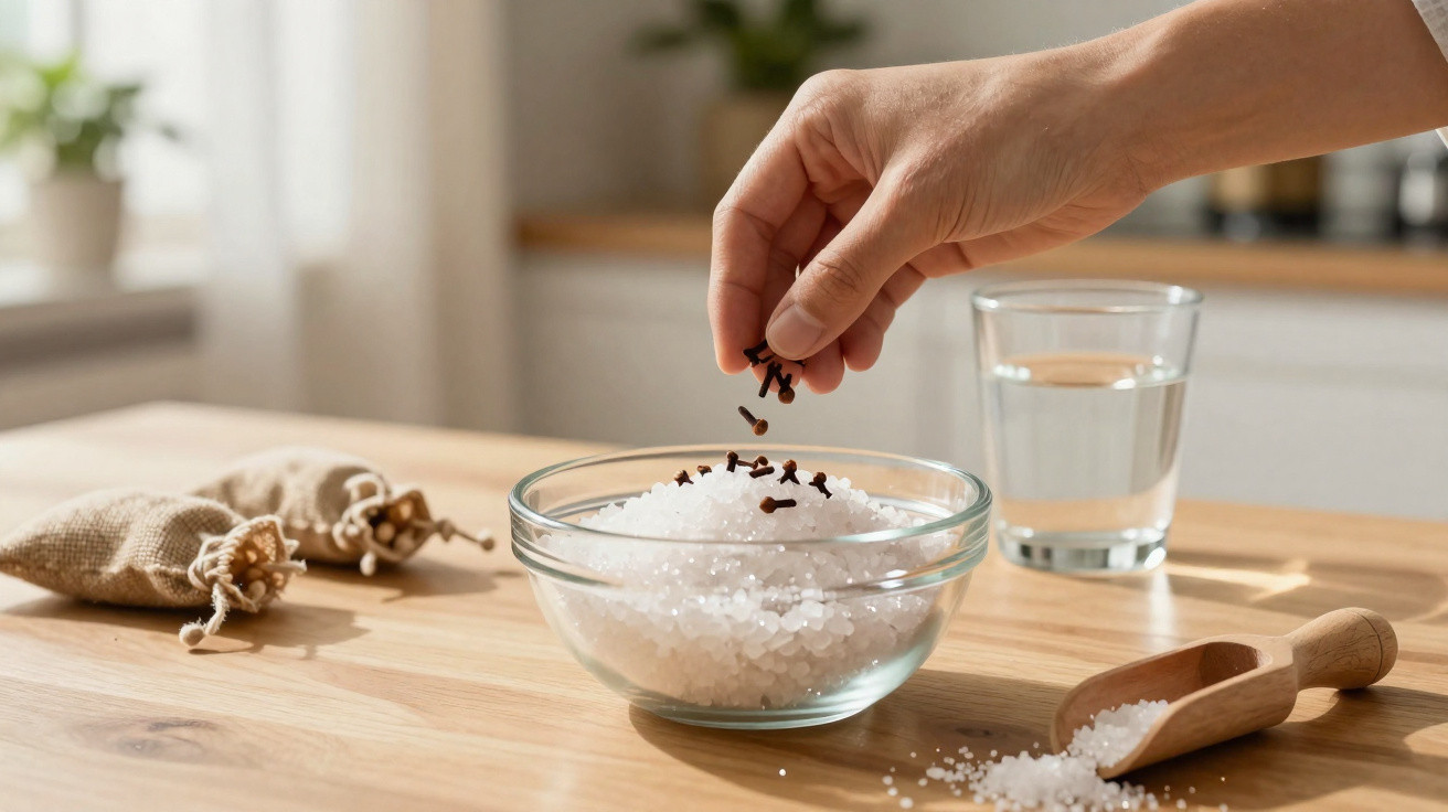 Pessoa a adicionar cravinhos a sal grosso numa taça transparente numa mesa de cozinha.