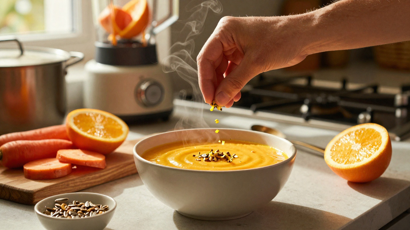 Mão a polvilhar sementes numa tigela de sopa cremosa de cenoura com laranja numa cozinha luminosa.