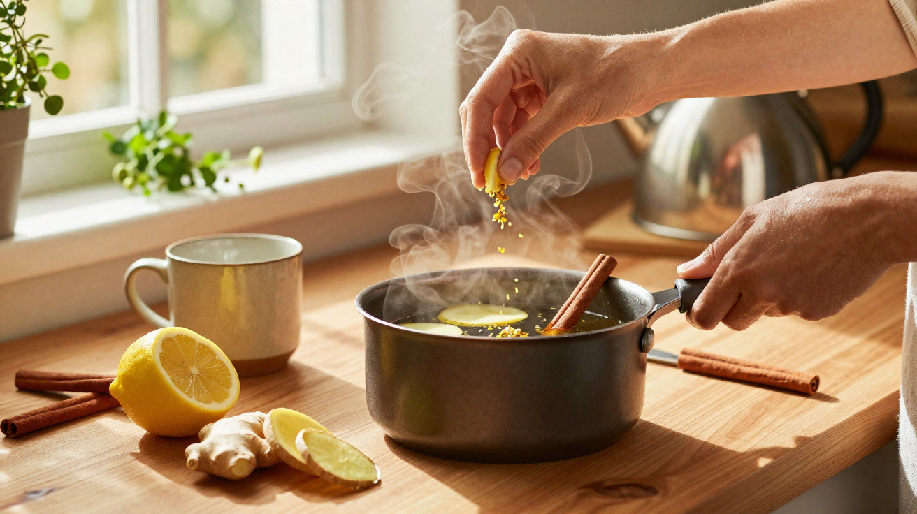 Mãos a adicionar especiarias a uma panela com infusão de limão, gengibre e canela numa cozinha iluminada.
