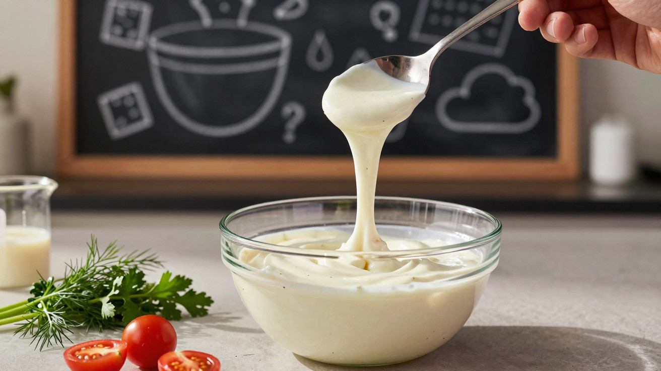 Mão a verter molho branco espesso de uma colher para uma tigela de vidro, com tomates cherry e ervas na bancada.