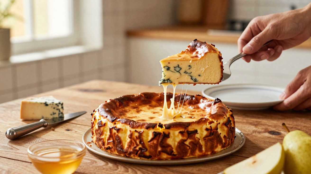 Fatia de cheesecake cremoso com queijo azul servido numa mesa de madeira com pêras e mel.