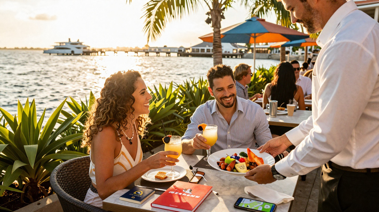 Casal a jantar ao ar livre junto ao mar, com mesa decorada e empregado a servir prato de frutas.