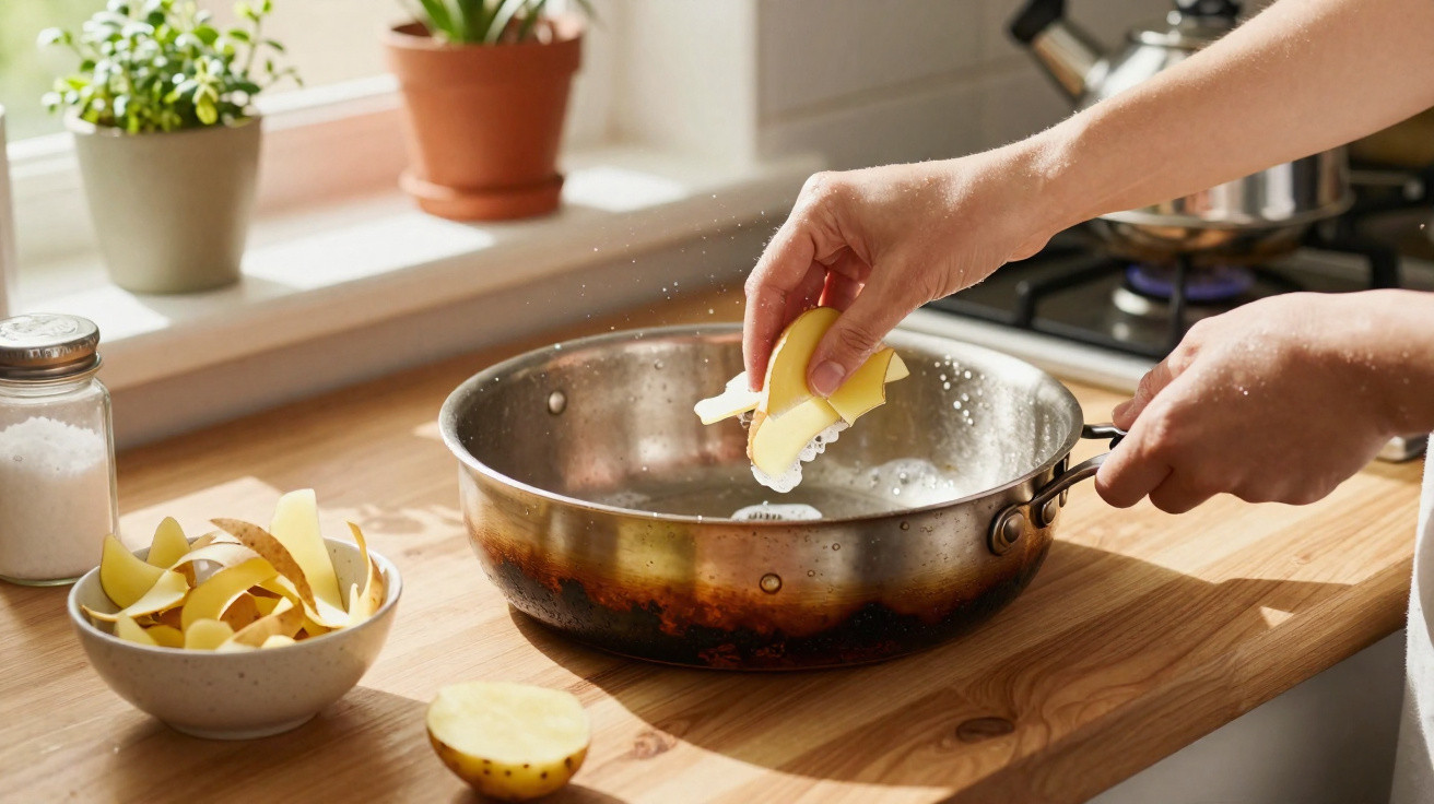 Mãos a descascar uma batata sobre uma panela em cozinha com luz natural e plantas na janela.
