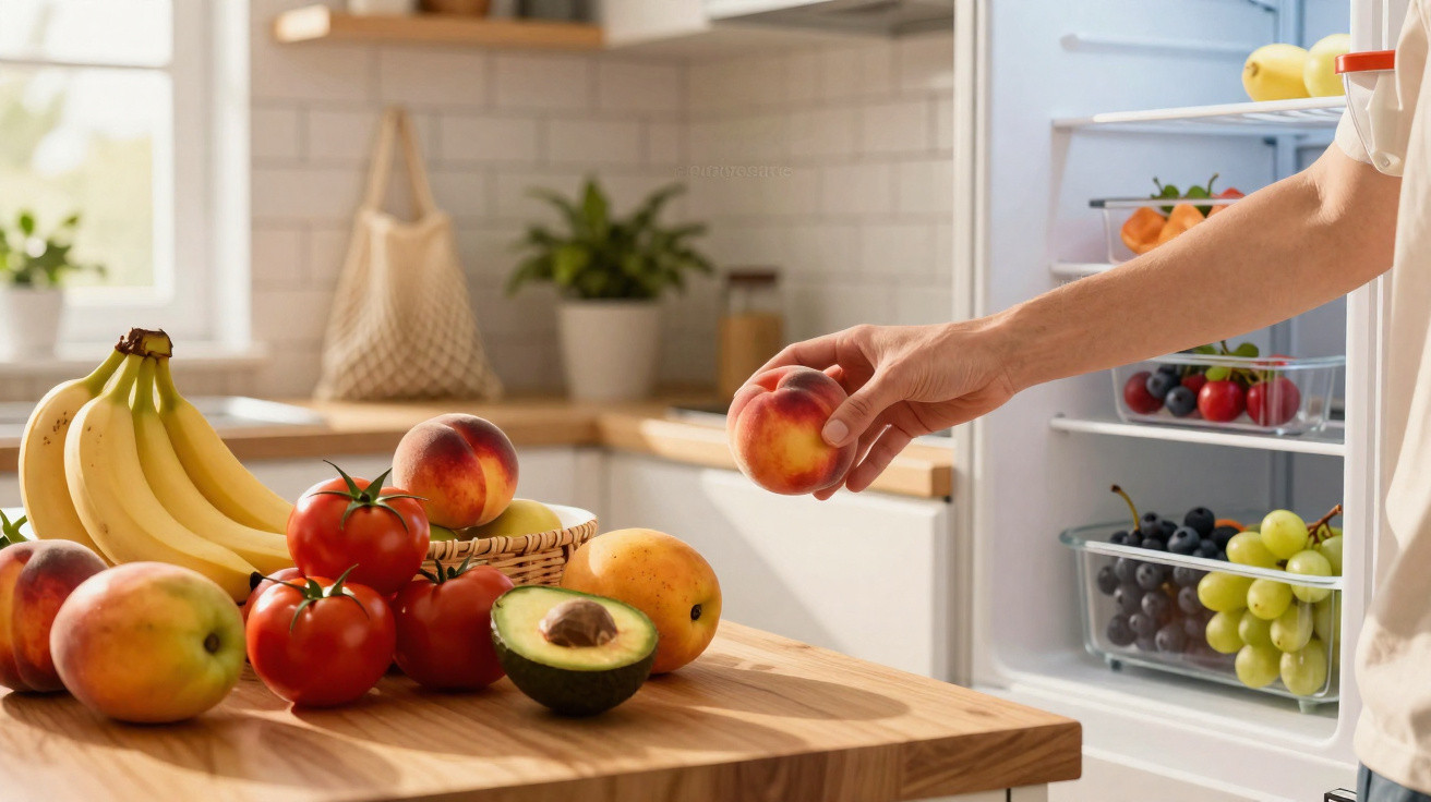Pessoa a tirar uma pêssego do frigorífico, frutas frescas sobre bancada de cozinha moderna.