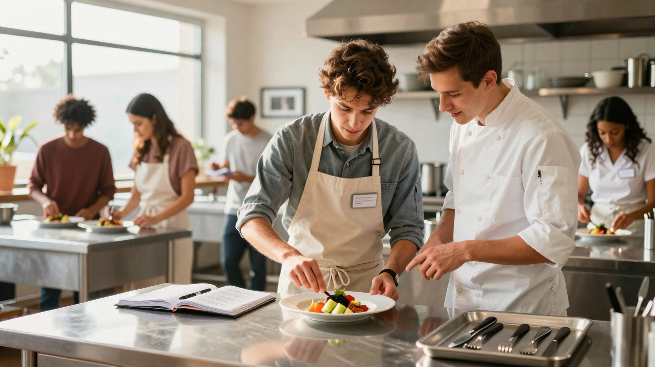 Jovem com avental aprende a decorar prato com a ajuda de chef numa cozinha com outros estudantes a cozinhar.