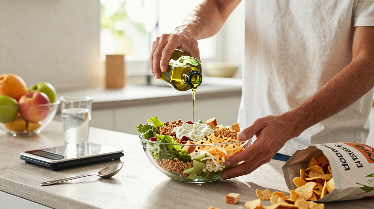 Pessoa a temperar salada fresca com azeite numa cozinha moderna e luminosa.