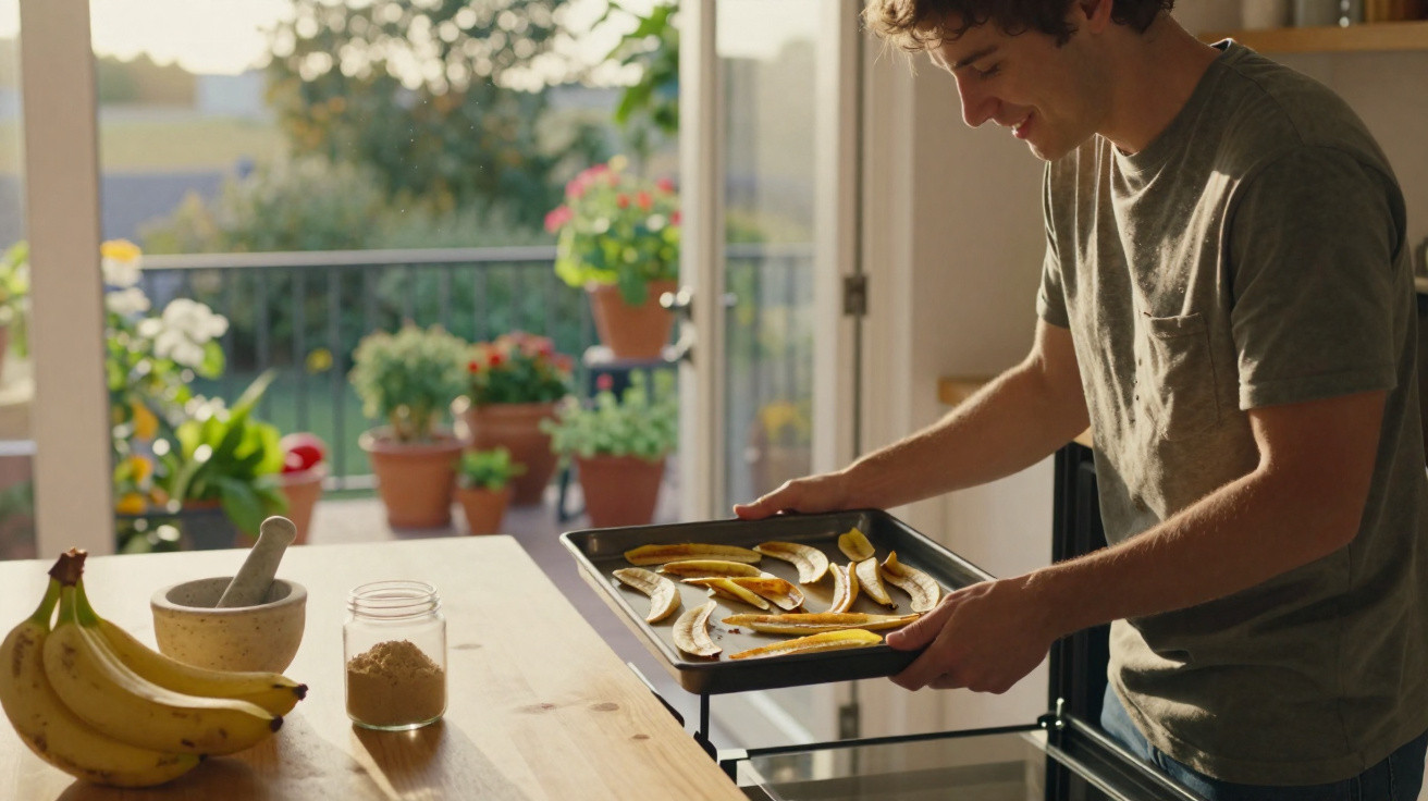 Homem a colocar fatias de banana num tabuleiro para levar ao forno numa cozinha iluminada.