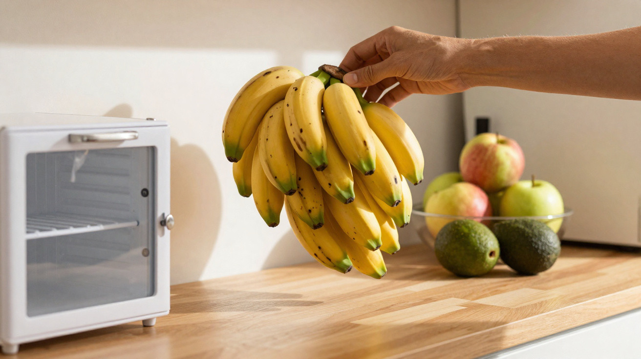 Pessoa a segurar cacho de bananas sobre balcão de cozinha com fruteira e frigorífico pequeno ao fundo.
