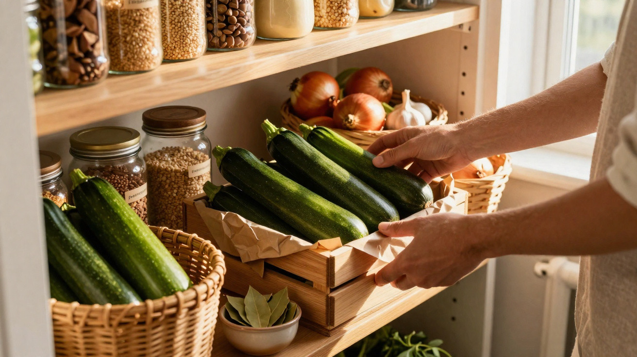Mãos a arrumar curgetes numa caixa de madeira numa despensa com cebolas, alho e frascos de legumes secos.
