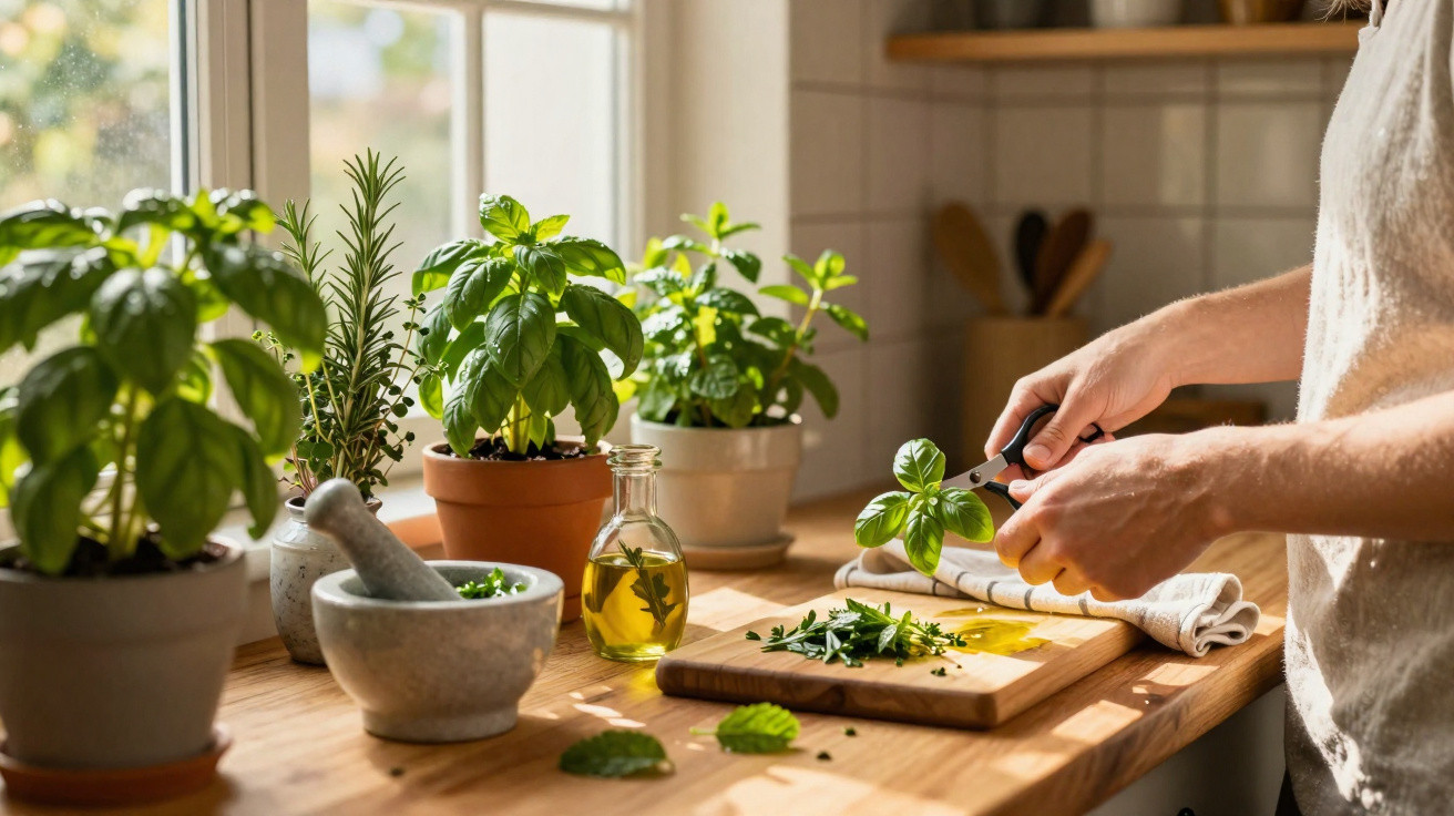 Pessoa a cortar folhas de manjericão fresco numa cozinha com várias plantas aromáticas num ambiente iluminado.