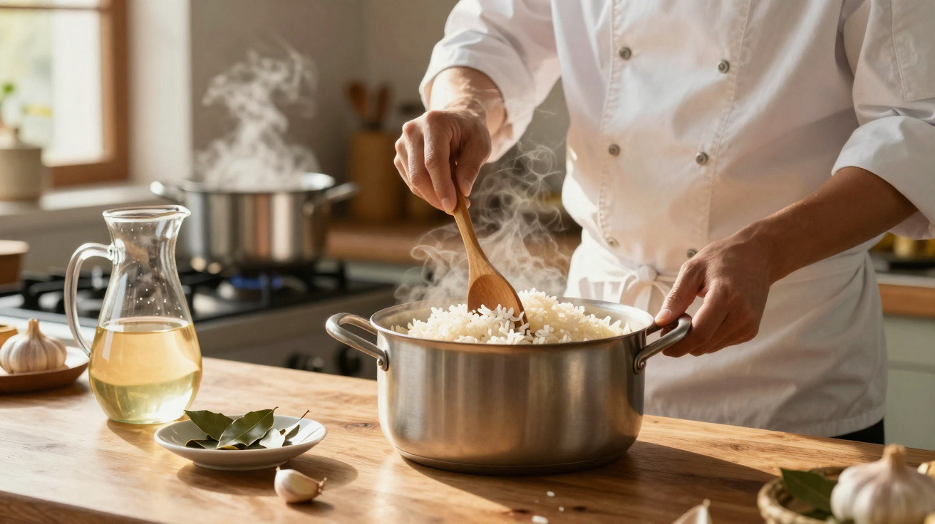 Cozinheiro mexe arroz fumegante numa panela de aço inoxidável numa cozinha com ingredientes ao redor.