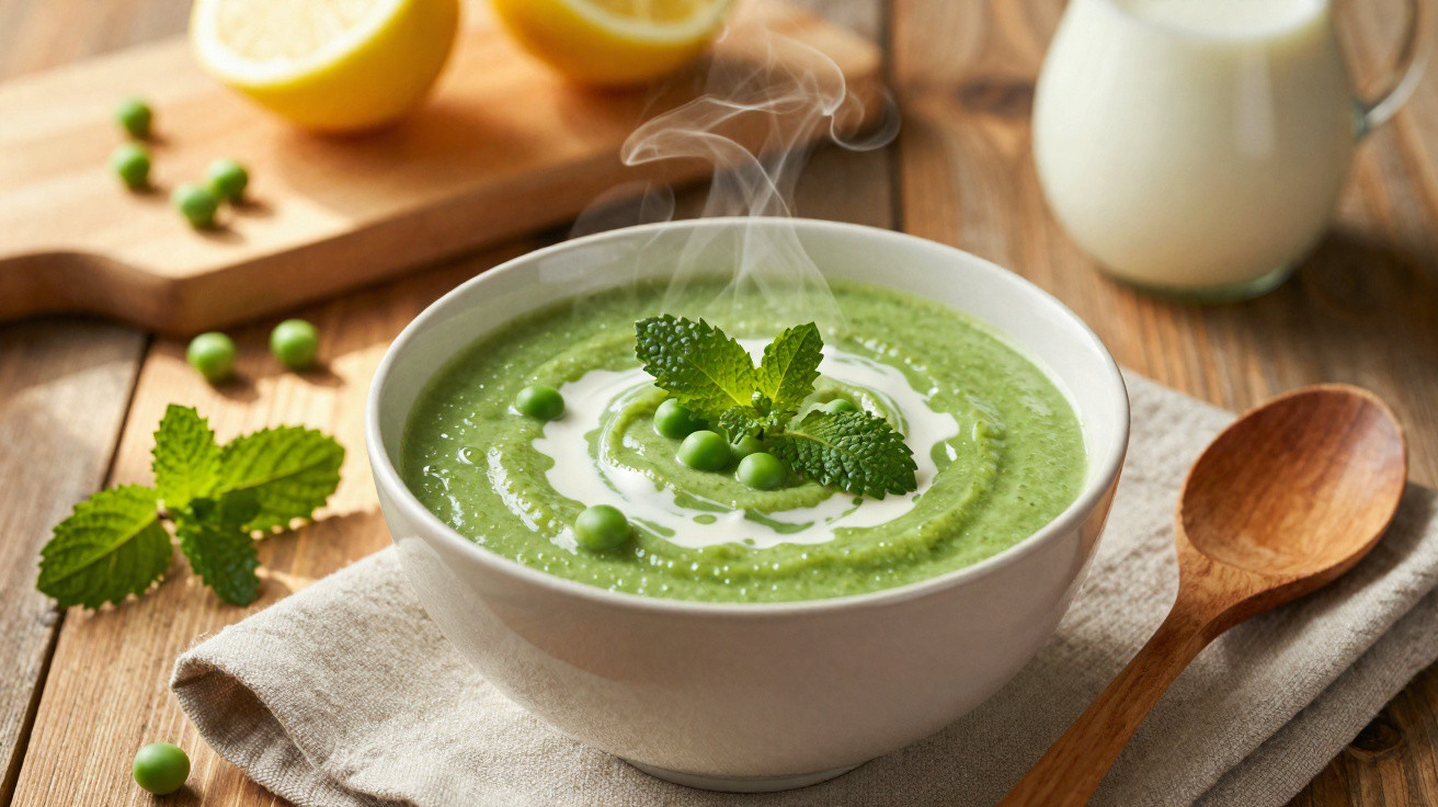 Tigela de sopa cremosa verde fumegante com ervilhas, hortelã e natas, ao lado de limões e colher de madeira.
