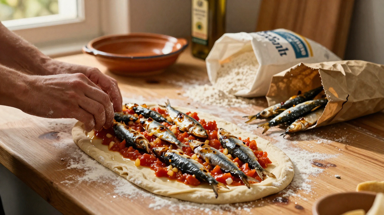Mãos a preparar massa com tomates, milho e sardinhas para confeccionar um prato numa cozinha com luz natural.