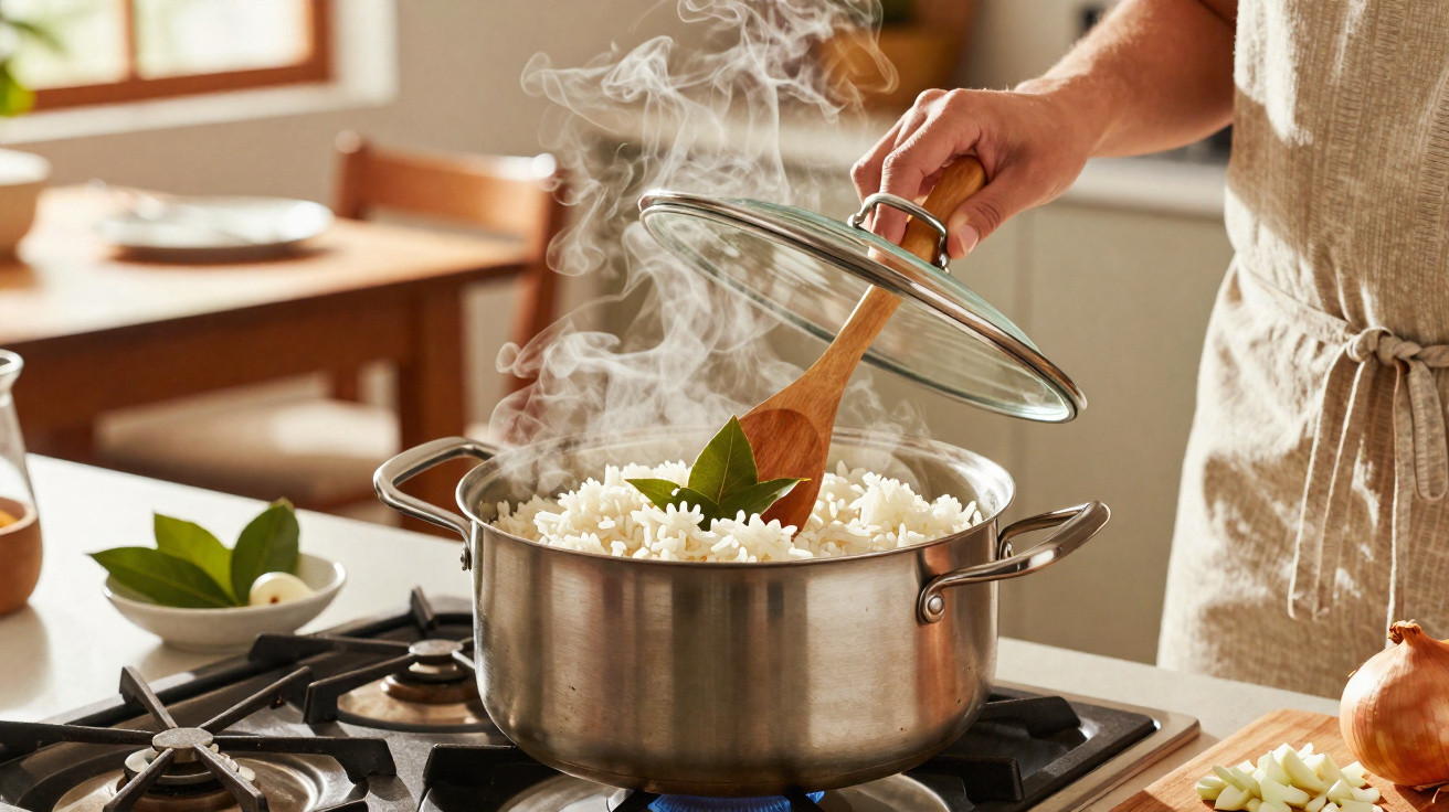 Pessoa a mexer arroz fumegante numa panela de inox num fogão a gás numa cozinha iluminada.