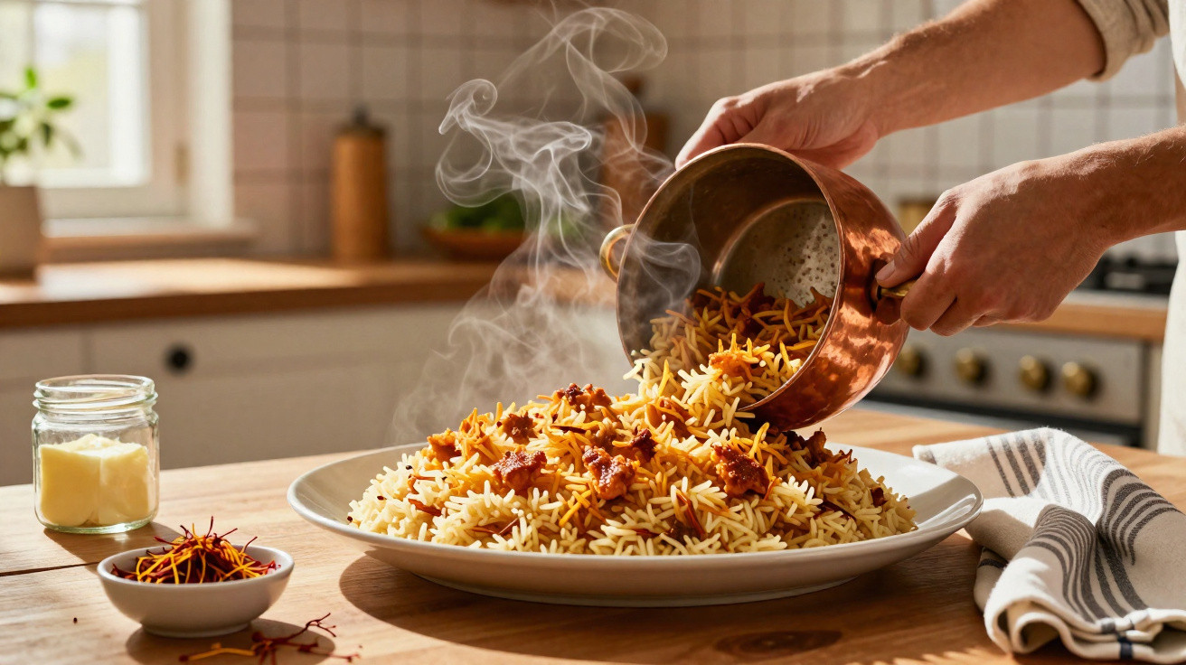 Pessoa a servir arroz com pedaços de carne fumegante numa cozinha iluminada.