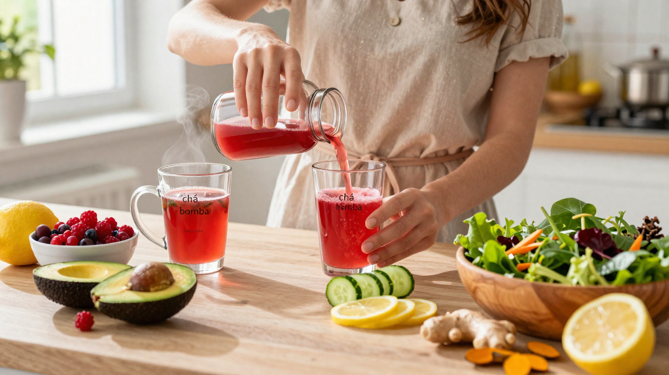 Pessoa a servir chá vermelho num copo, rodeada por frutas frescas e salada numa cozinha iluminada.