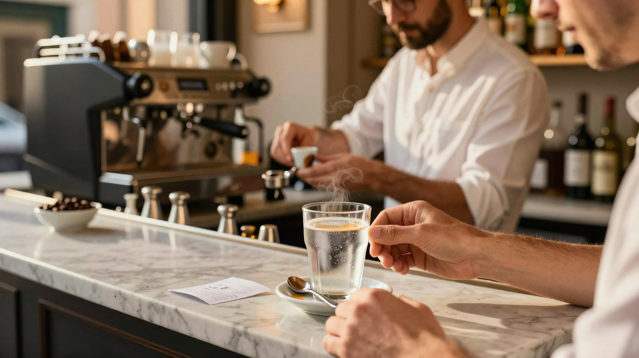 Homem a segurar copo de água quente num balcão de café com barista a preparar café ao fundo.