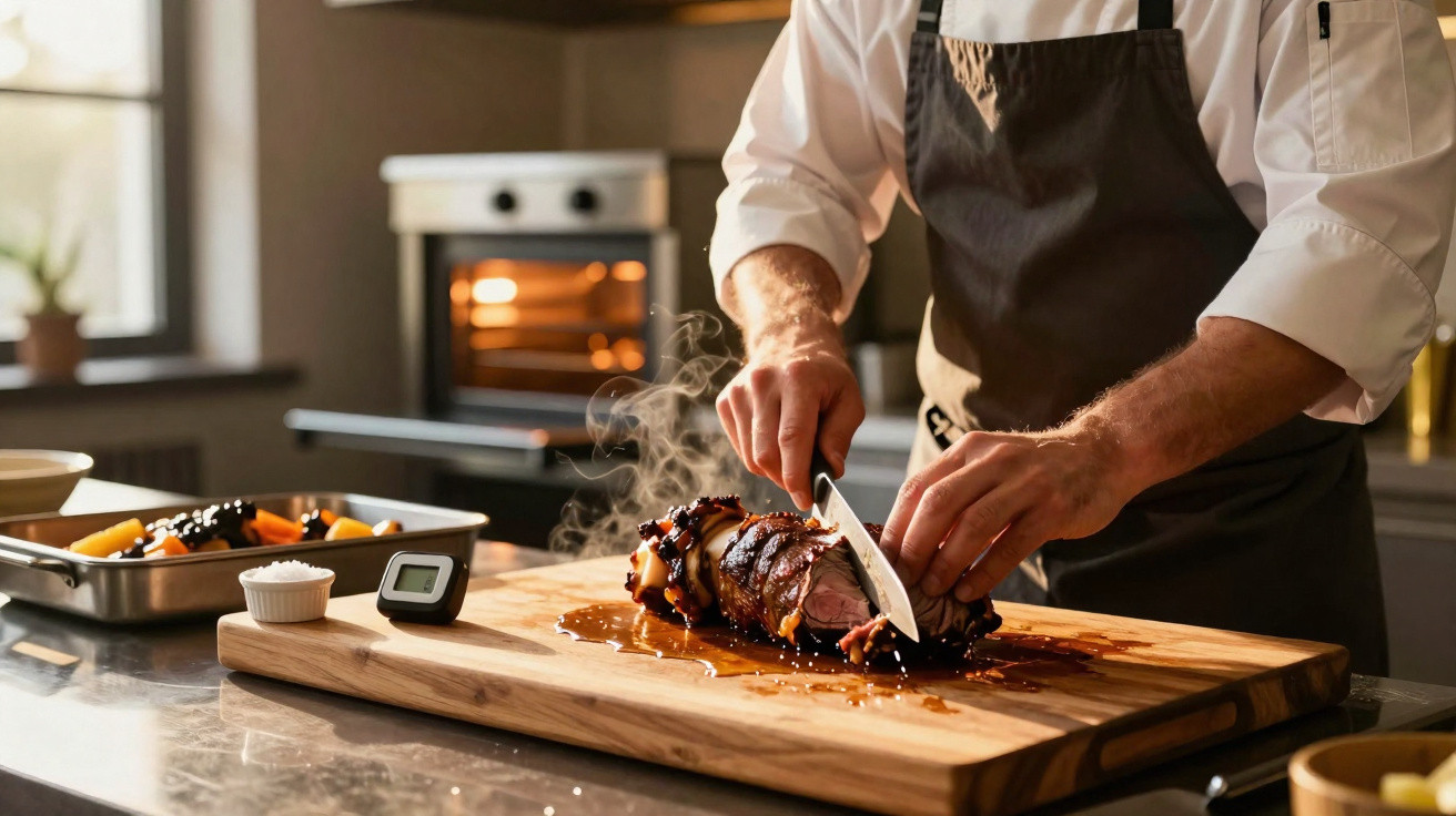 Chef a fatiar carne assada quente numa tábua de madeira numa cozinha moderna.