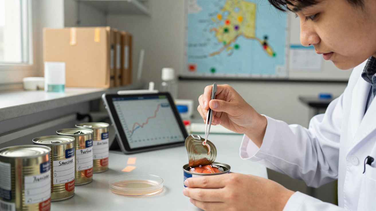 Cientista a analisar conteúdo de uma lata de tomate num laboratório com gráfico num tablet ao fundo.