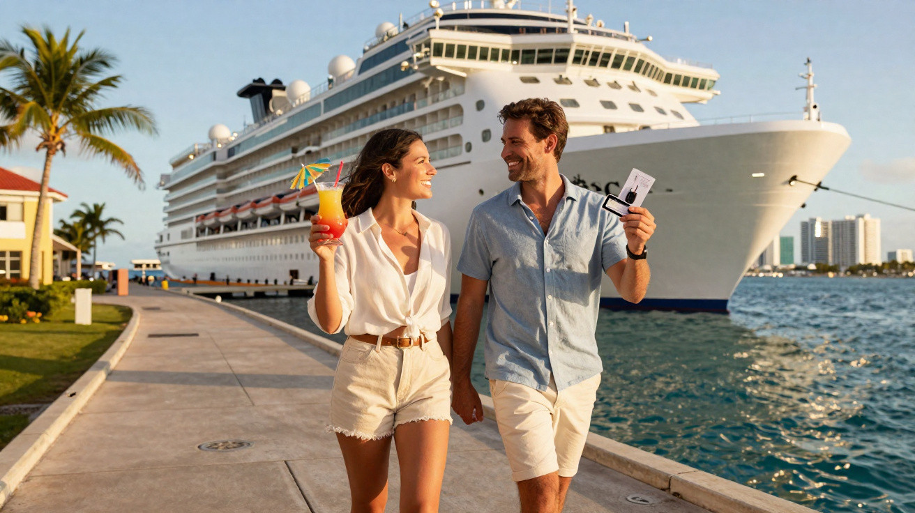 Casal sorridente a caminhar com um cruzeiro ao fundo, ela segura um cocktail e ele bilhetes e óculos de sol.