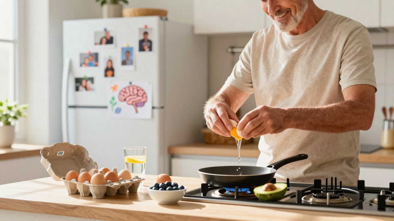 Homem a quebrar um ovo numa frigideira na cozinha, com ovos, mirtilos e meio abacate na bancada.