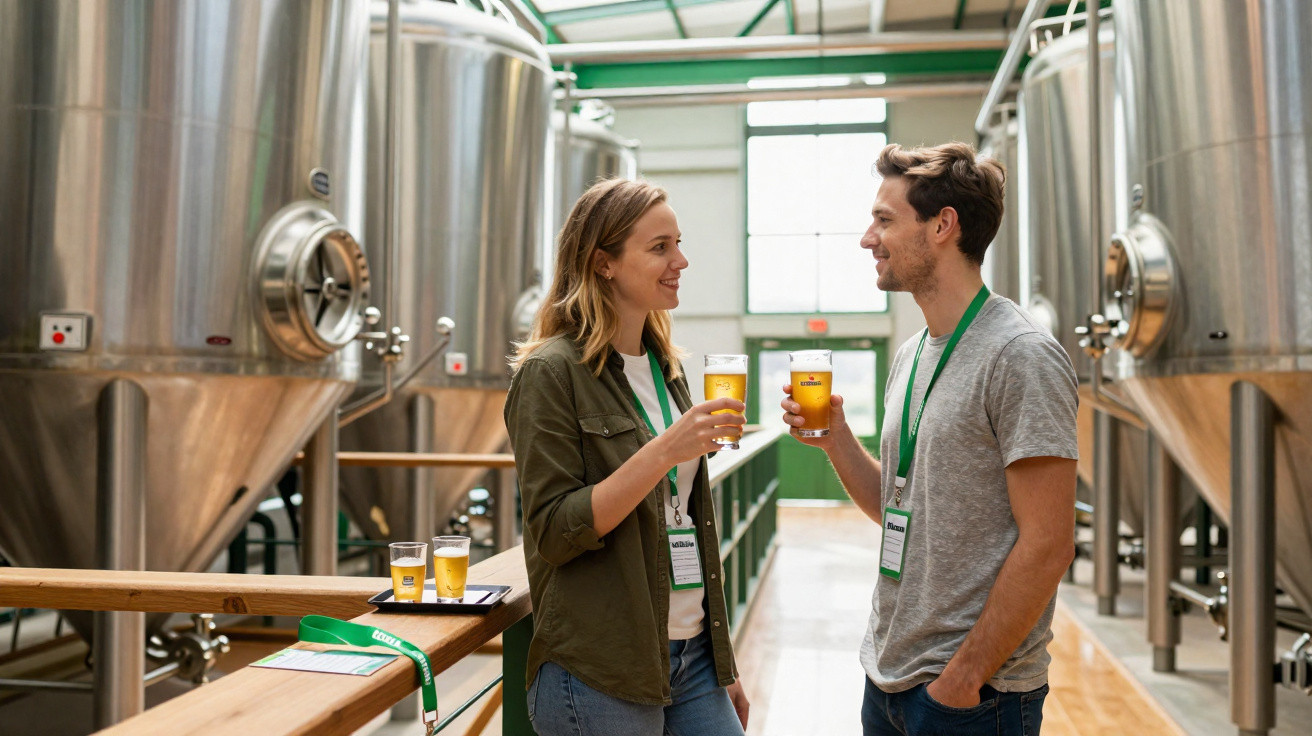 Duas pessoas a brindar com copos de cerveja numa fábrica de cerveja artesanal.