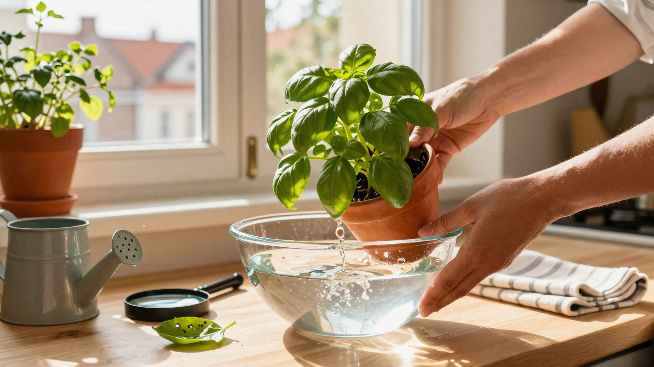 Pessoa a lavar planta aromática em vaso de barro dentro de uma tigela de vidro num ambiente luminoso.