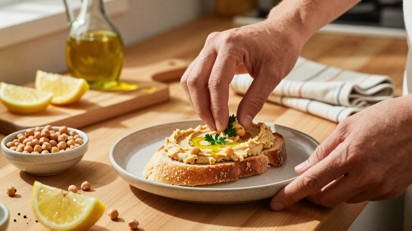Mãos a decorar pão com húmus, hortelã e azeite, com grão-de-bico e limão ao lado, numa mesa de madeira.