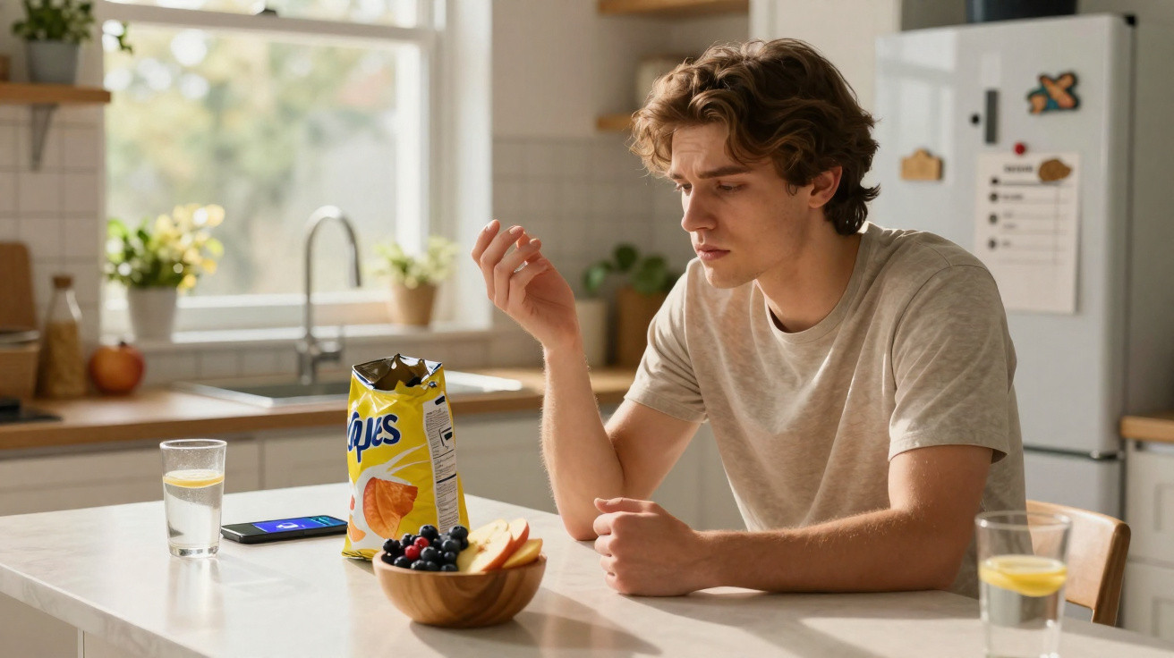 Jovem sentado à mesa da cozinha olhando para um saco de aperitivos, com fruta e copos de água à sua frente.