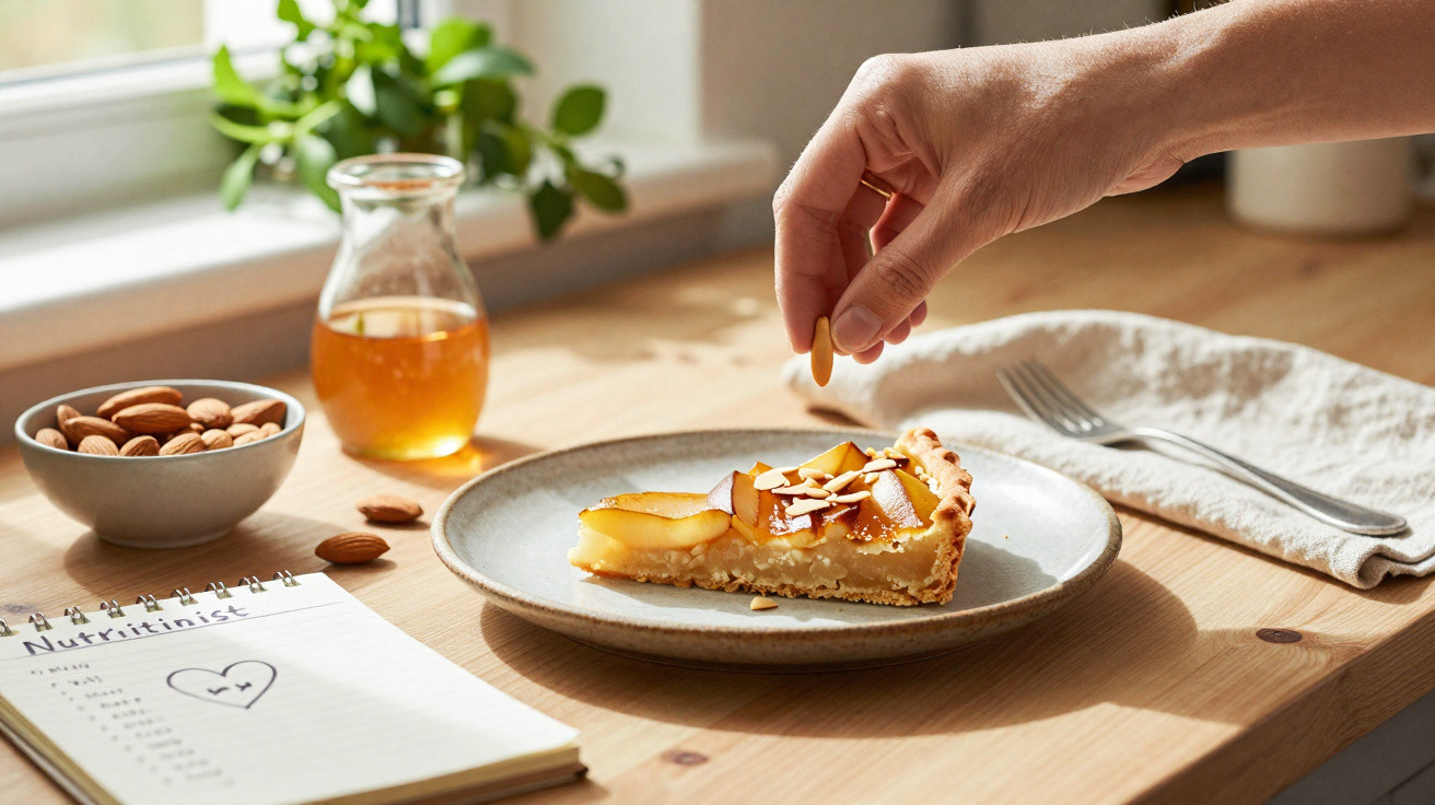 Mão polvilha amêndoas fatiadas numa tarte de maçã numa mesa de madeira com caderno e prato.