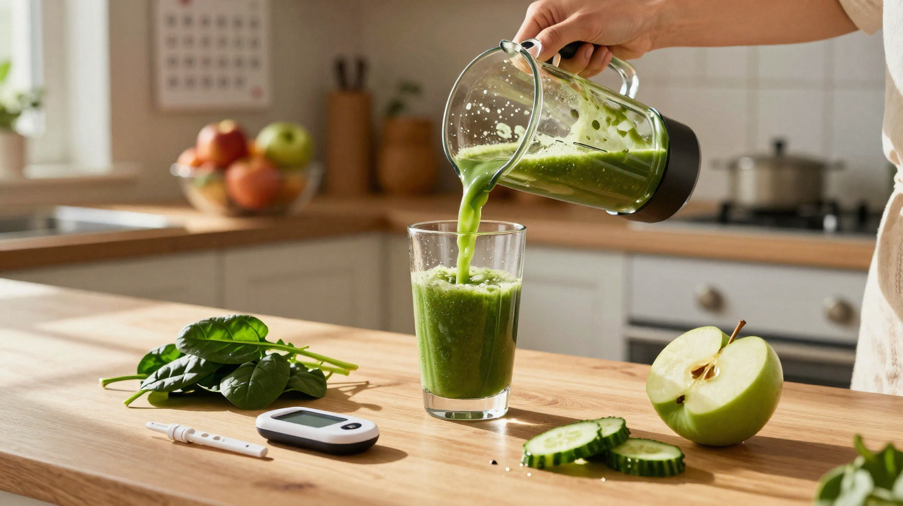 Pessoa a verter smoothie verde num copo, com espinafres, pepino e maçã na banca da cozinha.
