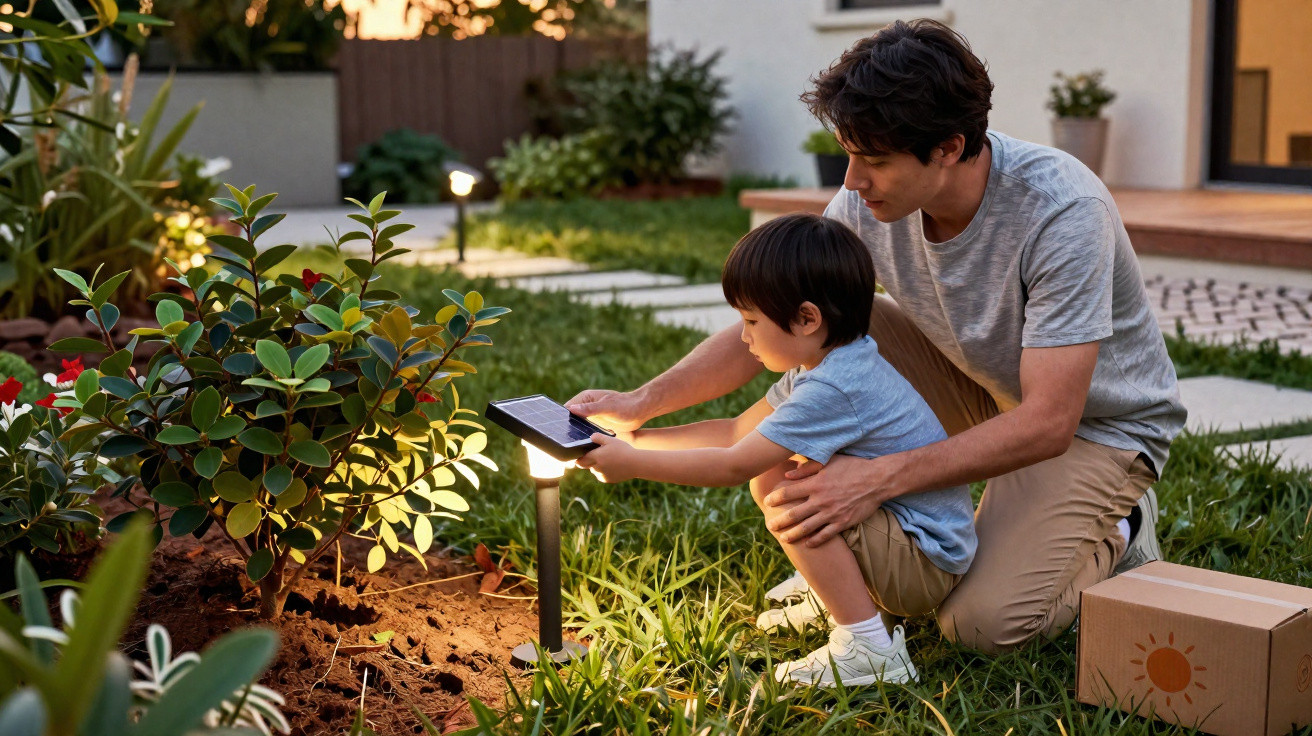 Pai e filho instalam juntos uma luz solar no jardim ao entardecer.