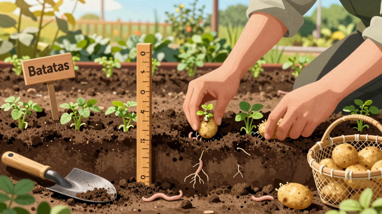 Mãos a plantar batatas em solo fértil, com uma cesta de batatas e ferramentas de jardinagem.