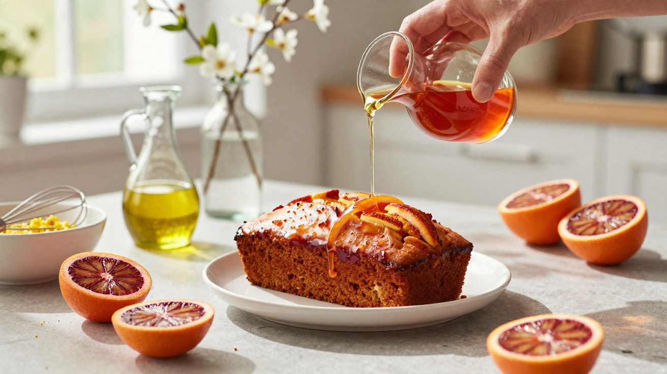 Pessoa a despejar calda sobre bolo de citrinos numa cozinha com laranjas cortadas ao meio na bancada.