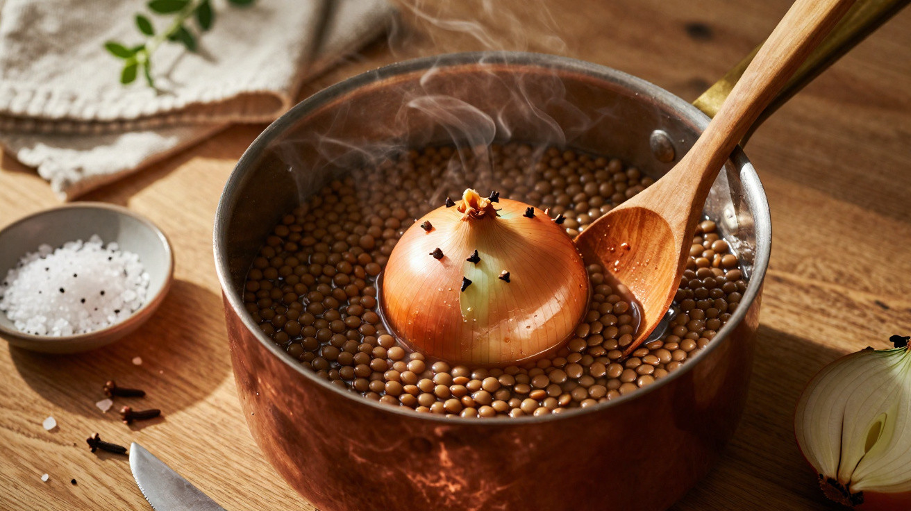 Panela de cobre com lentilhas a cozer e cebola com cravinho espetado no centro.