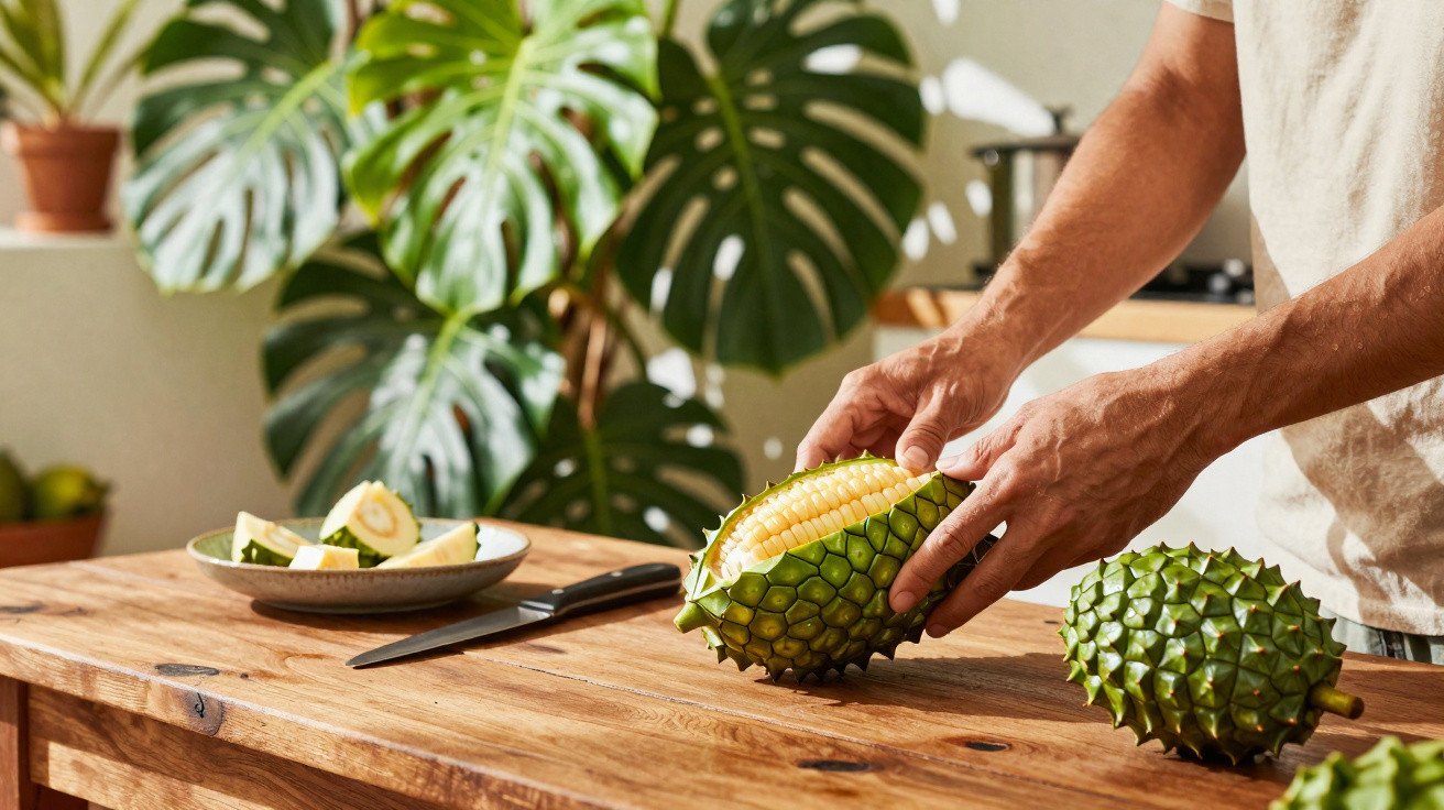 Pessoa a descascar e preparar fruta madura com corte verde sobre mesa de madeira, com plantas ao fundo.