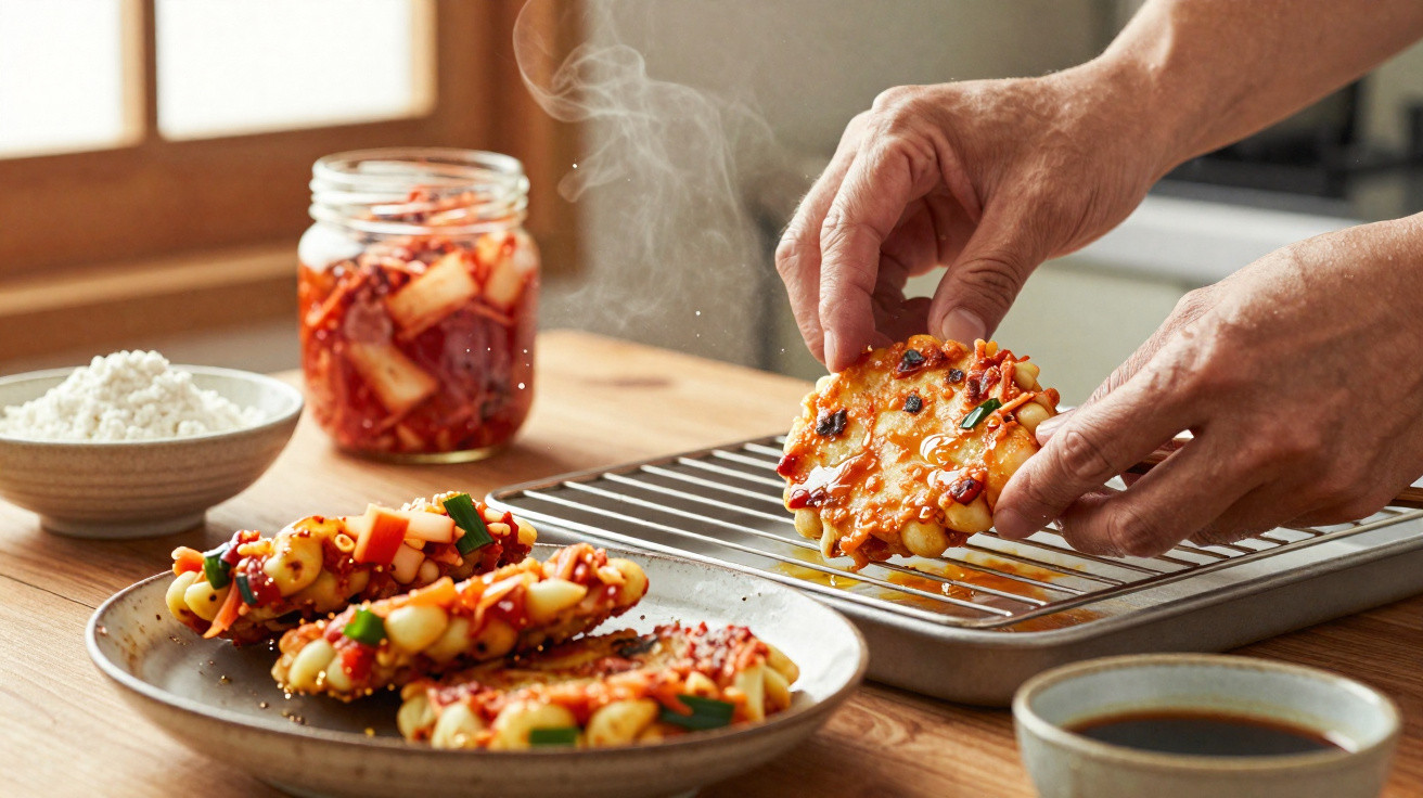Mãos a retirar bolinhos coreanos picantes fumegantes de um tabuleiro para um prato numa mesa de cozinha.