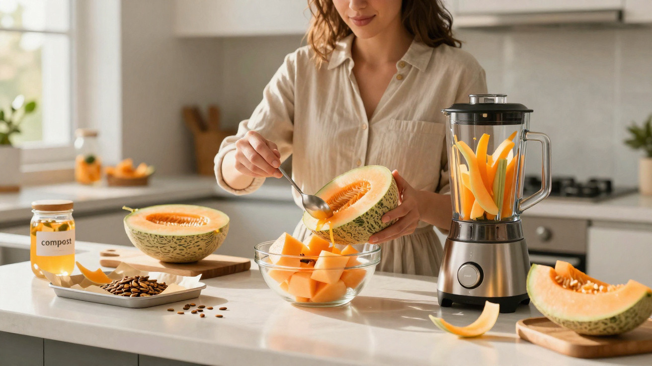 Mulher a preparar sumo de melão cantaloupe numa cozinha moderna com liquidificador e sementes numa mesa.
