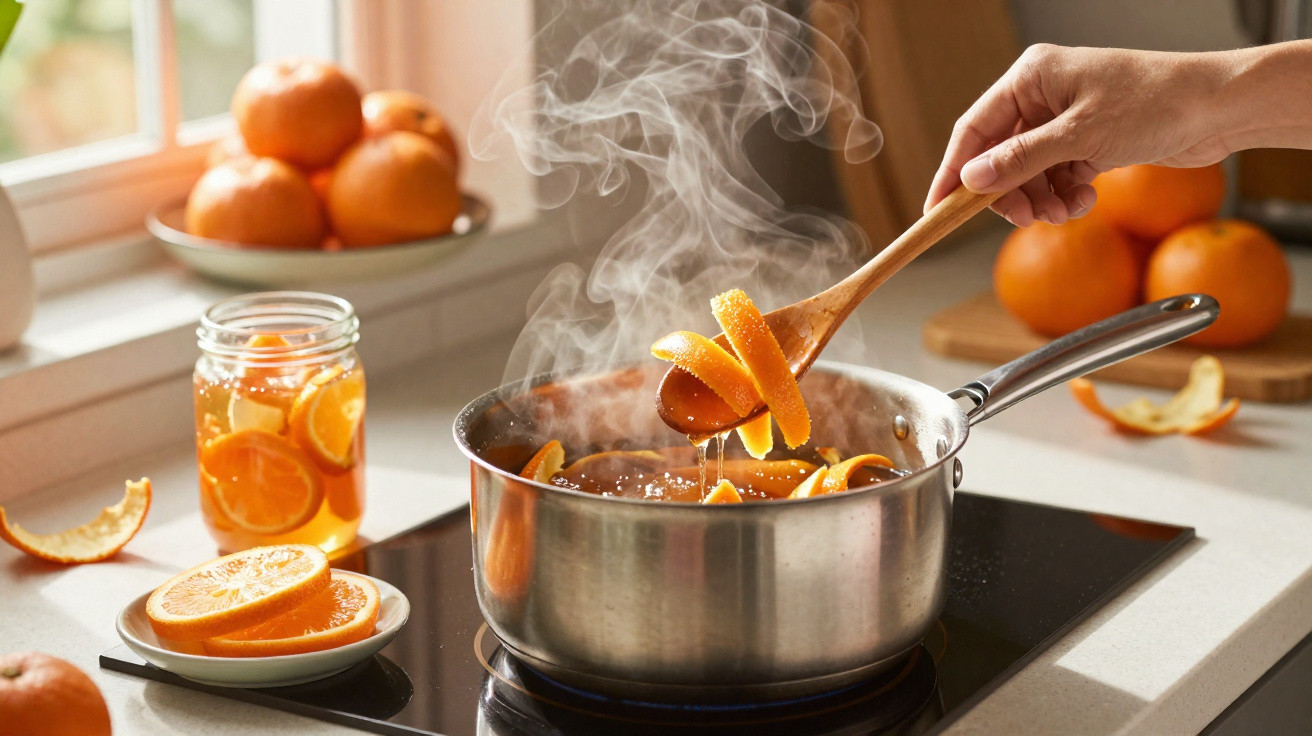 Panela com cascas de laranja a ferver e uma mão a mexer com colher de pau numa cozinha luminosa.